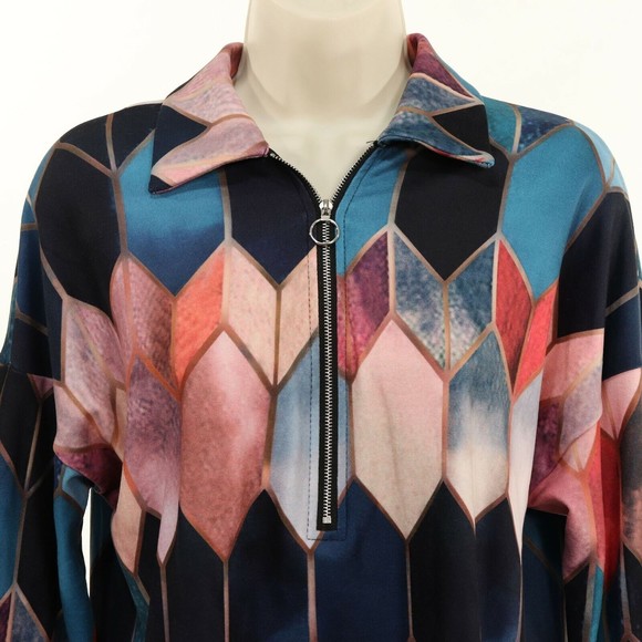Sheilay Womens Pullover Sweatshirt M Medium 1/2 Zip Geometric Blue Pink Purple - Picture 2 of 9